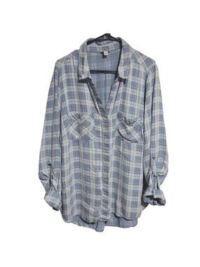 Cato Button Up Shirt Womens Plus Size 18W 20W Blue White Plaid Long Sleeve